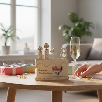 Gutscheingeschenkkartenhalter aus graviertem Holz mit eingesteckten Geburtstagszahlen und Platz für eine Gutscheinkarte.